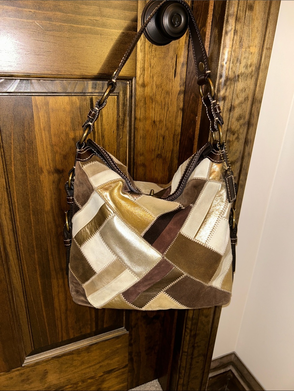 Coach Patchwork Hobo Bag - Brown, Gold & Cream
